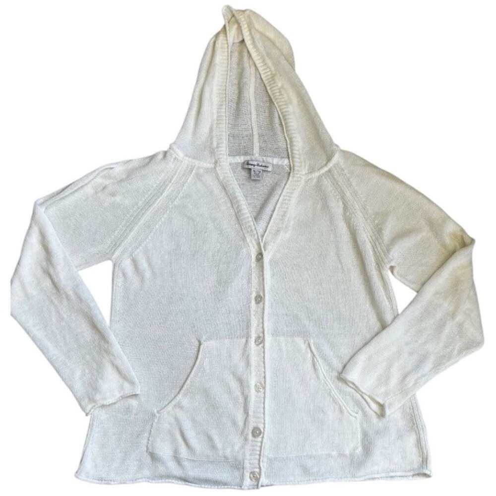 Tommy Bahama White Lea Knit 100% Linen Cardigan Hoodie Pockets Beachy Nautical - Picture 2 of 10